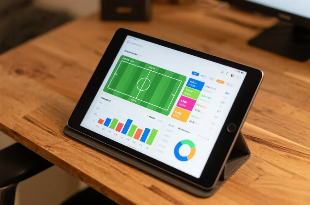 A tablet on a wooden desk displaying a colorful sports statistics dashboard with match progress charts